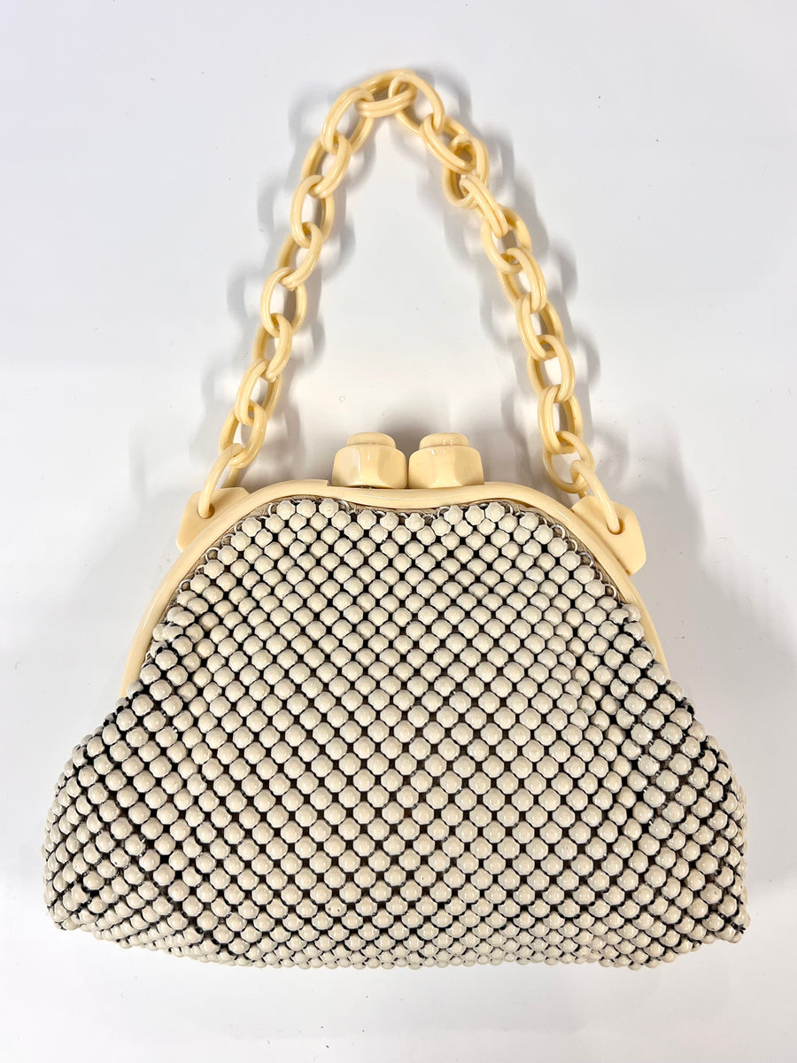 vintage Whiting & Davis ivory white alumesh handbag w/ ivory