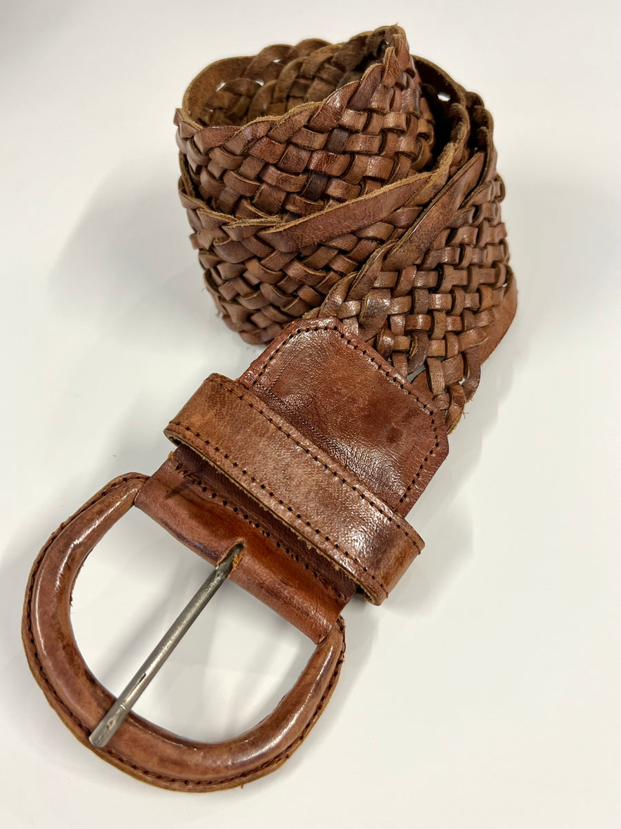 vintage braided brown leather wide belt w/ leather buckle  display picture 1