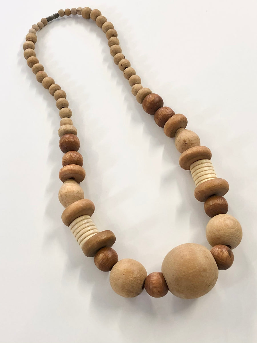 vintage oversized chunky natural wood bead necklace 80s
