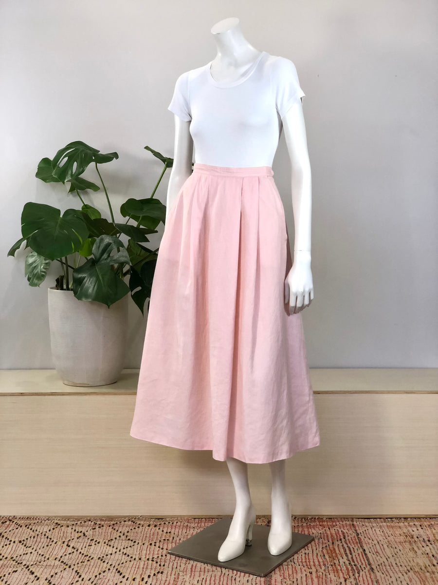 vintage soft pink linen pleated midi skirt w pockets 80s hong kong