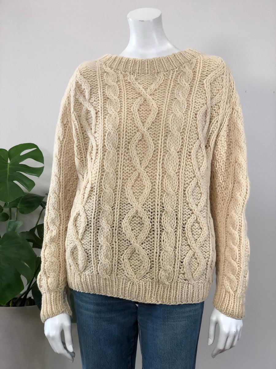 vintage hand knit ivory virgin wool cable knit fisherman sweater 50s