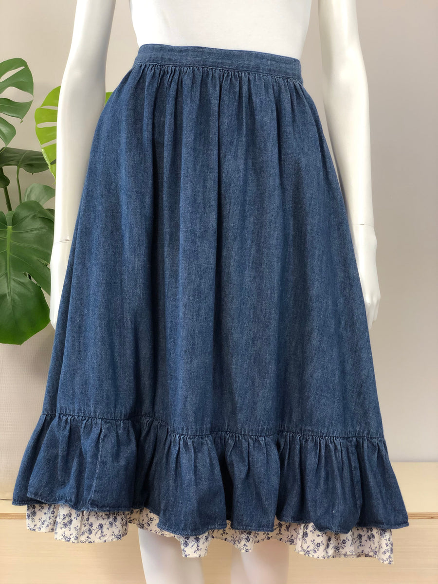 vintage denim calico ruffle prairie skirt 80s – hong kong vintage