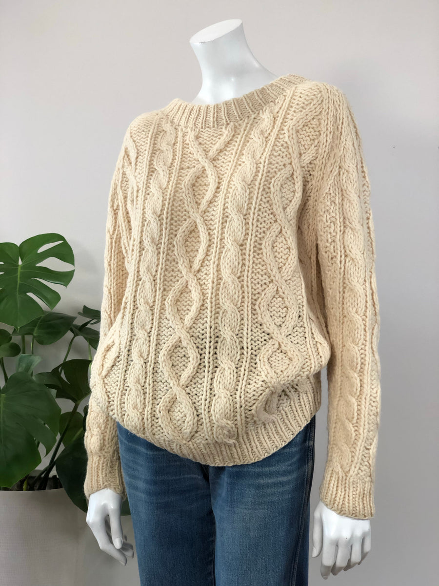 vintage hand knit ivory virgin wool cable knit fisherman sweater 50s