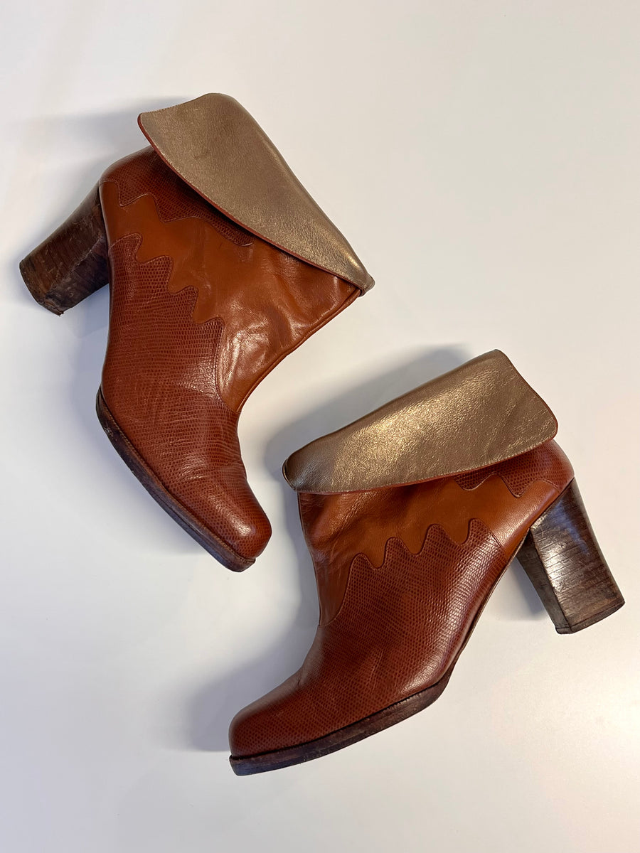 vintage rust brown embossed appliqué ankle boots 70s – hong kong vintage