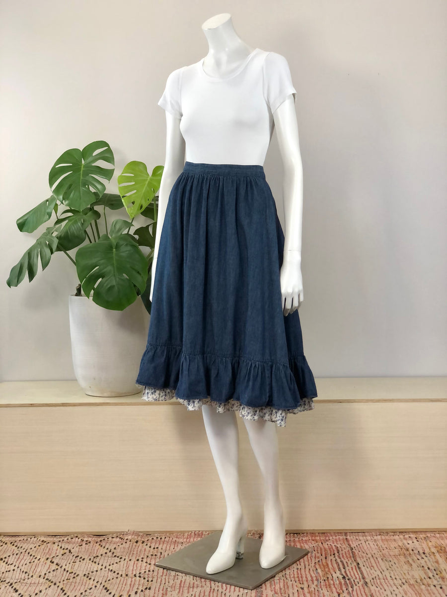 vintage denim & calico ruffle prairie skirt 80s – hong kong vintage