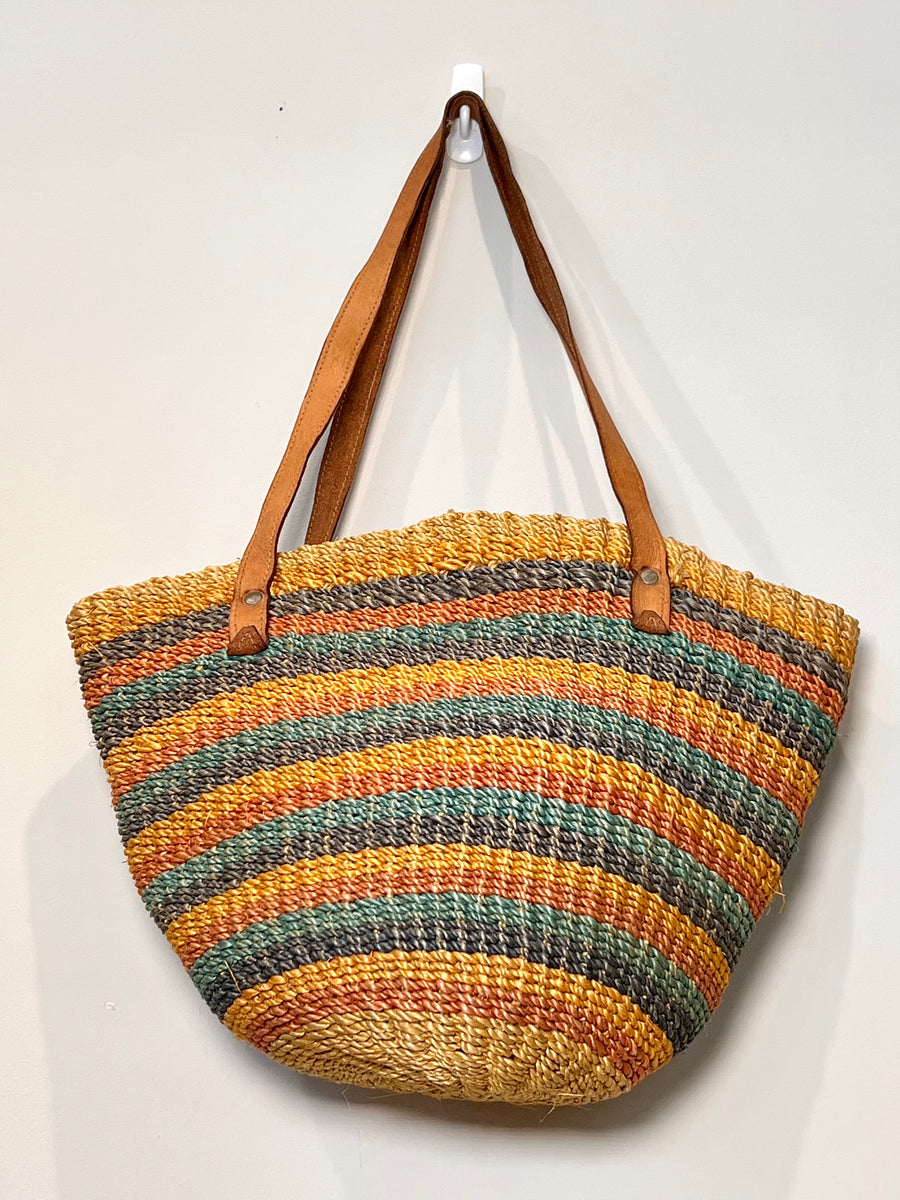 vintage striped woven sisal bucket tote bag w/ leather straps 80s