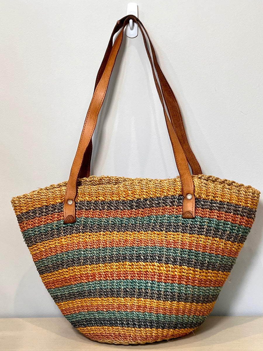 vintage striped woven sisal bucket tote bag w/ leather straps 80s