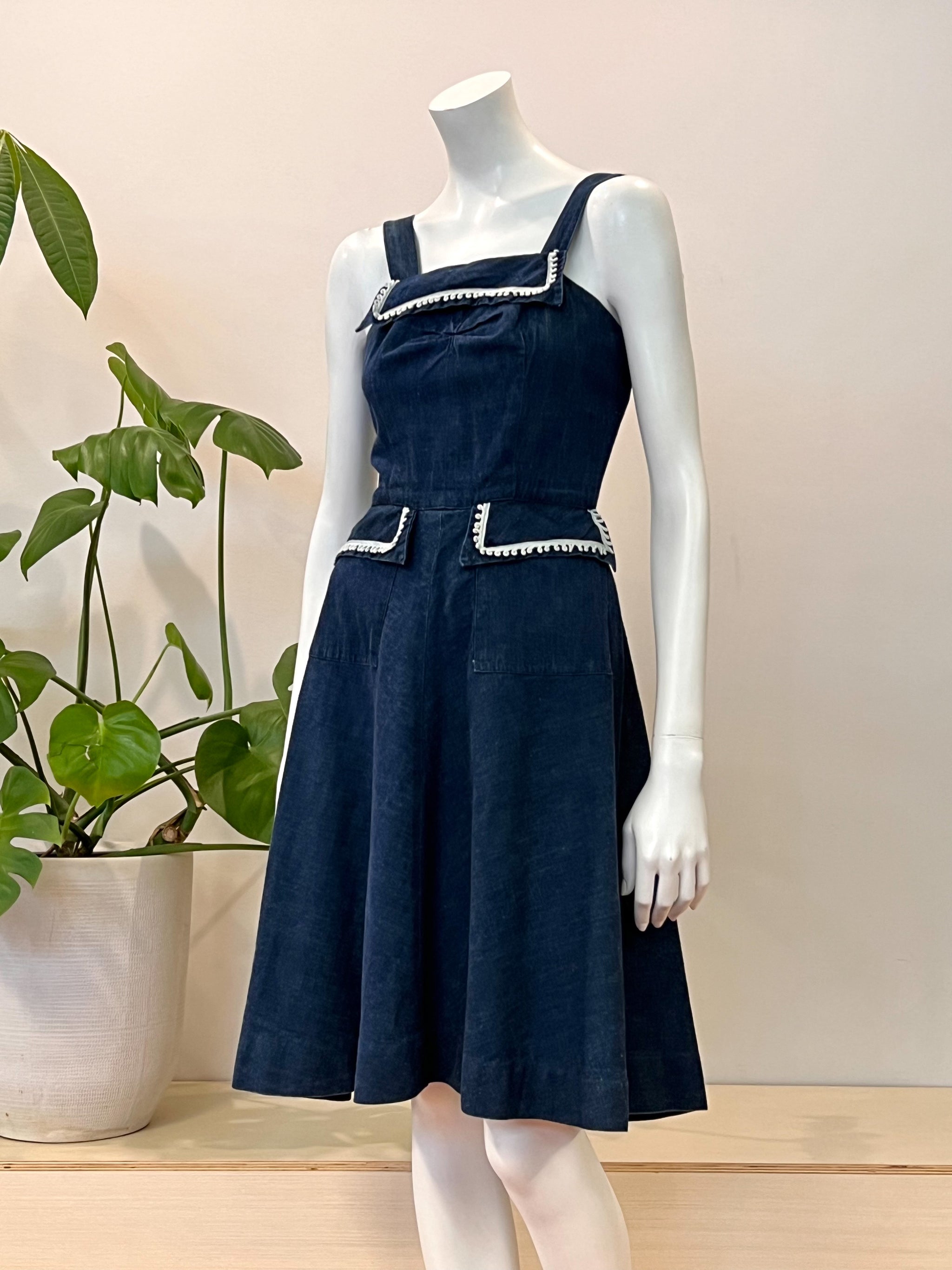 vintage denim jumper sundress w/ white curlicue trim & pockets 40s – hong  kong vintage