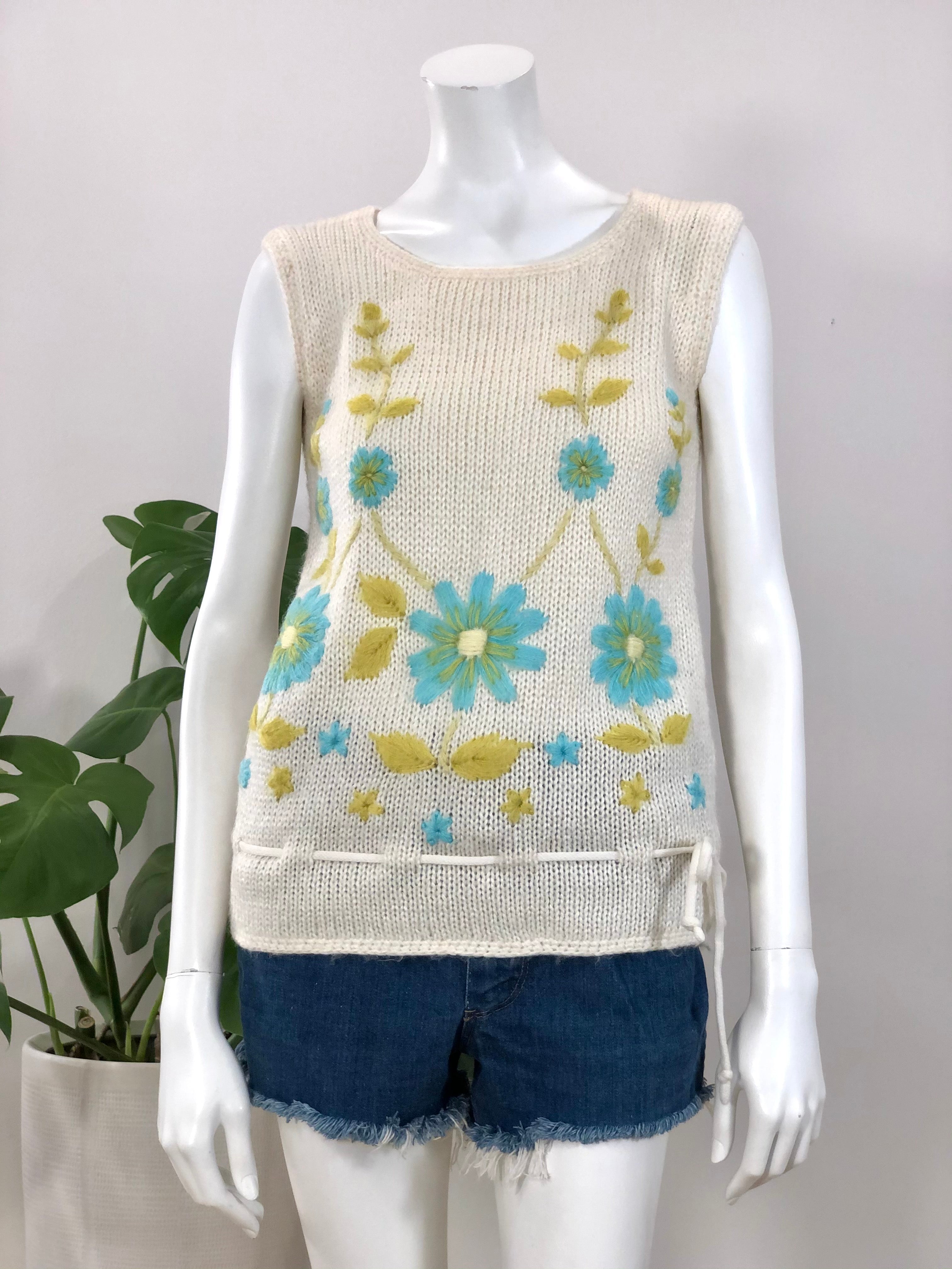 vintage Atkins yarn flower embroidered knit tunic top vest 60s