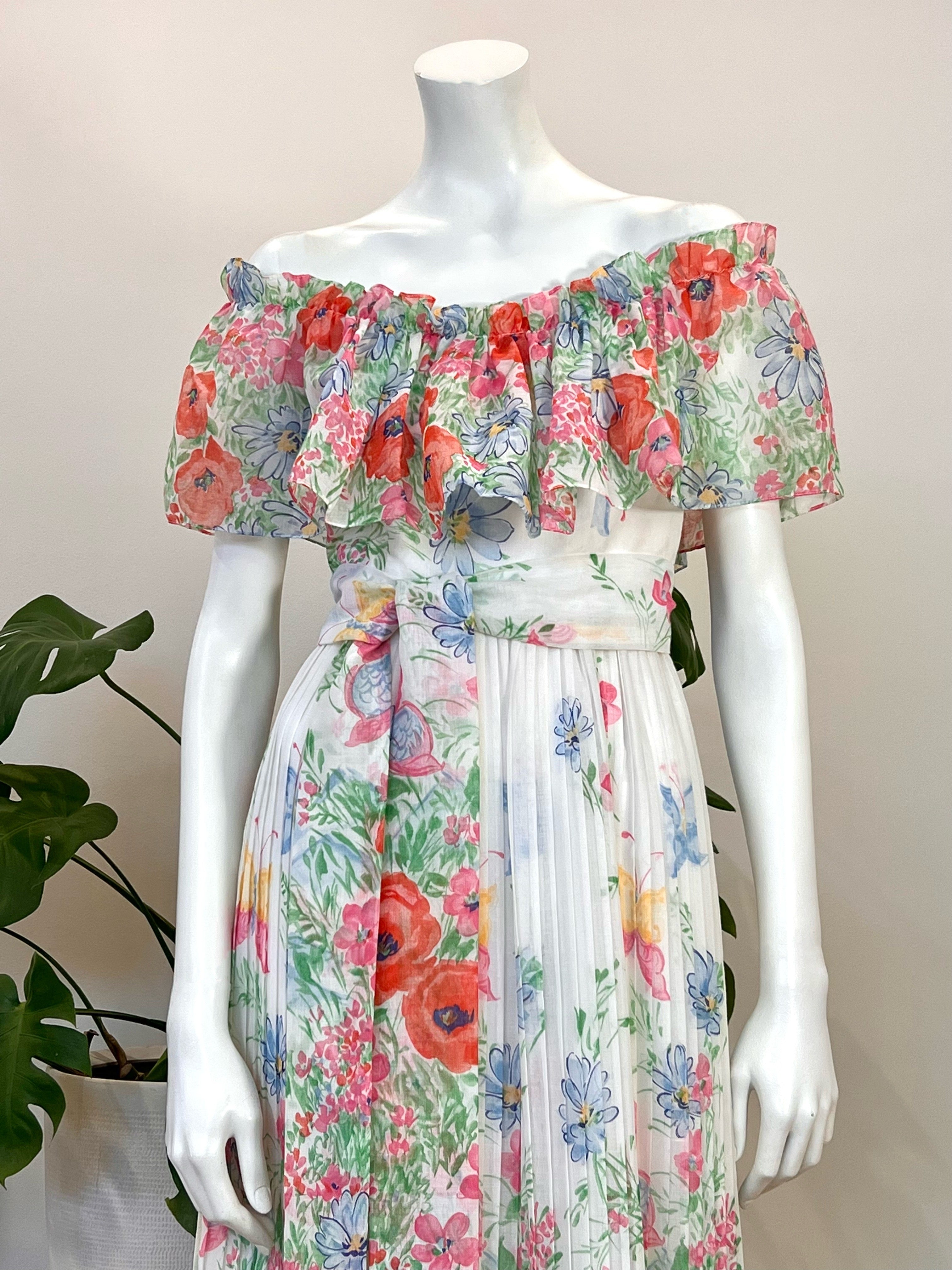 70s off shoulder dress 1970s Vintage Yellow Cotton Voile + Lace Off