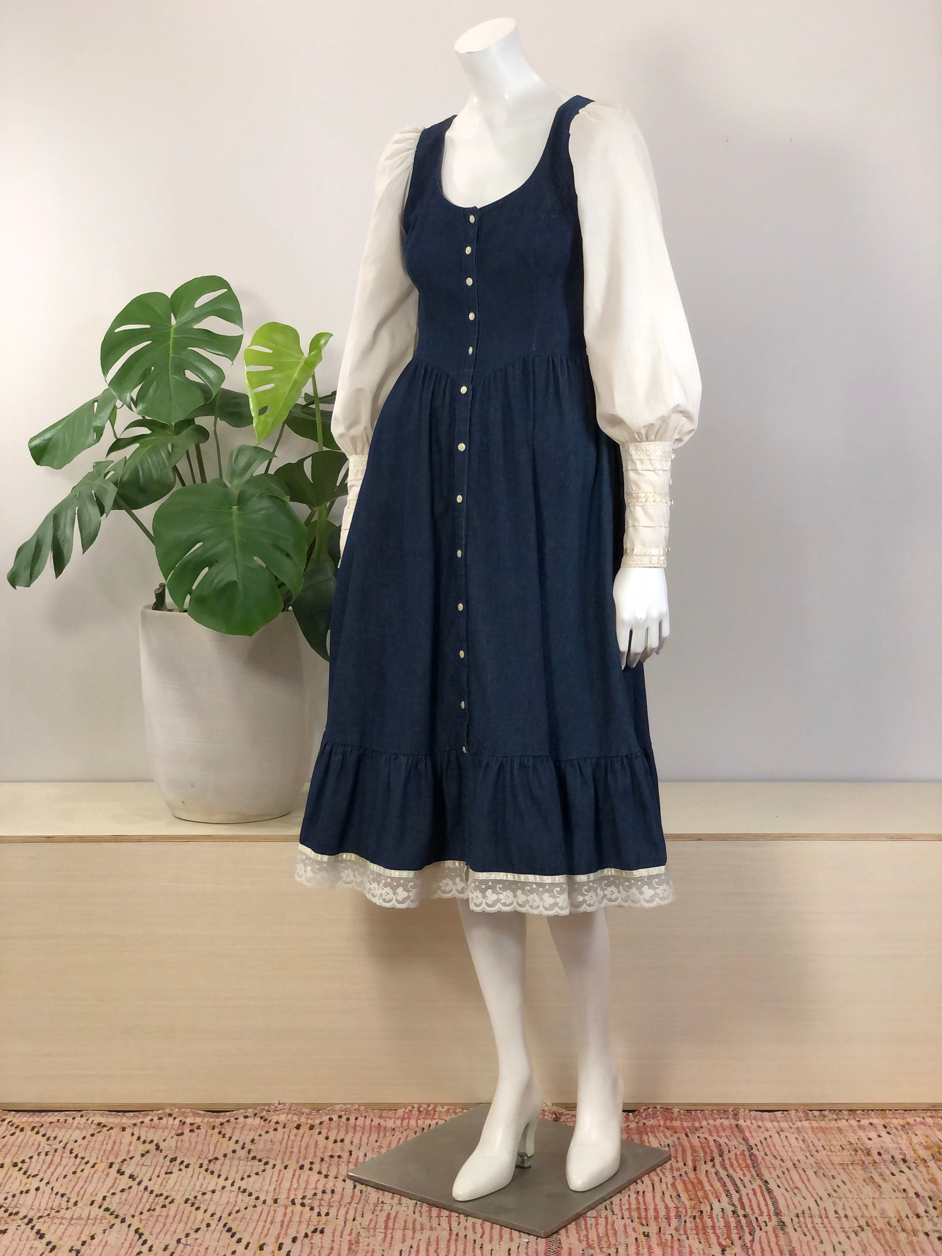vintage Gunne Sax indigo denim prairie dress w/ ivory gigot sleeves 70 hong kong vintage vintage Gunne Sax indigo denim prairie dress w/ ivory gigot sleeves 70 hong kong vintage