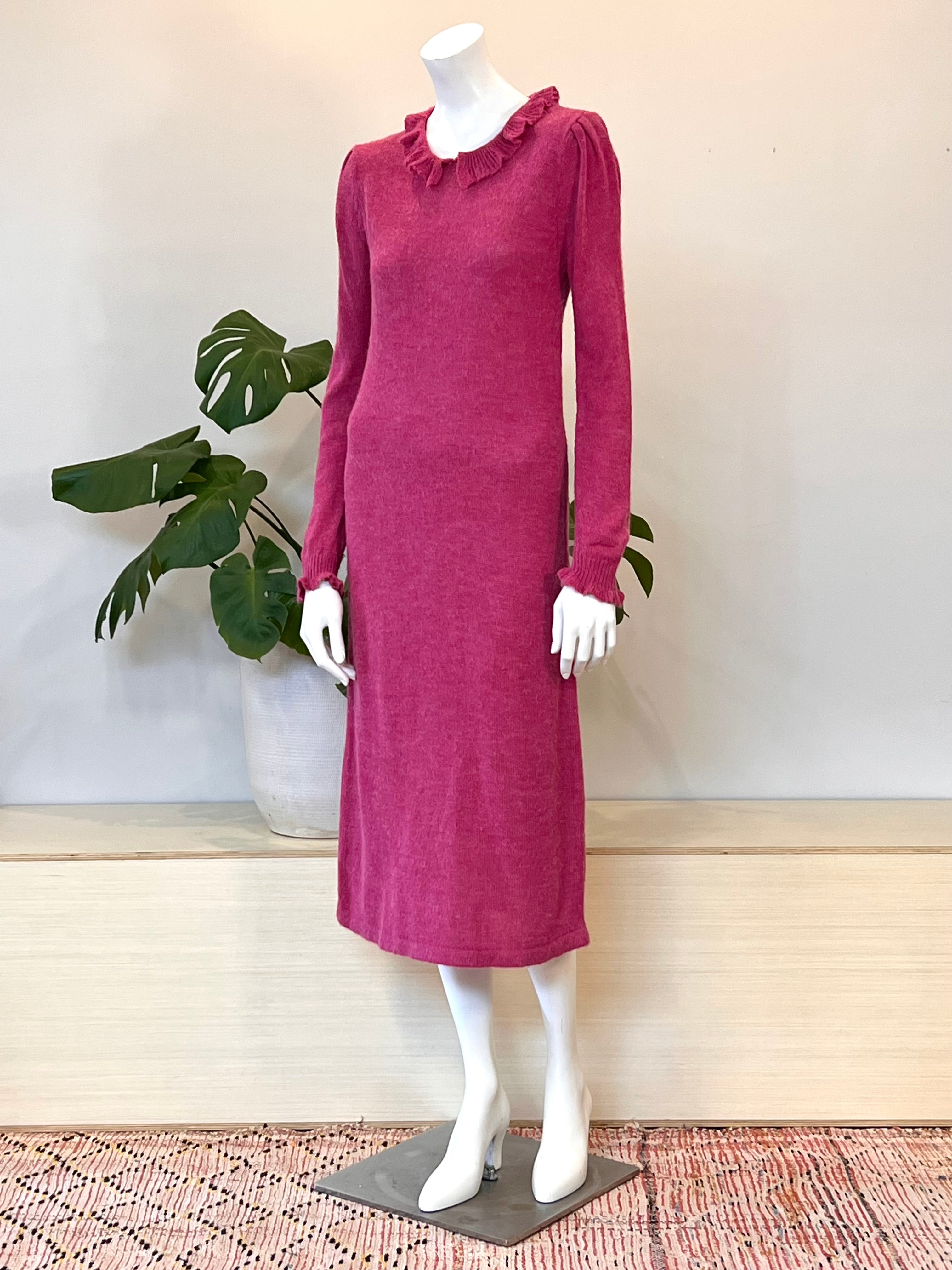 vintage magenta pink sweater dress w/ ruffled collar & cuffs 80s hong kong vintage vintage magenta pink sweater dress w/ ruffled collar & cuffs 80s hong kong vintage