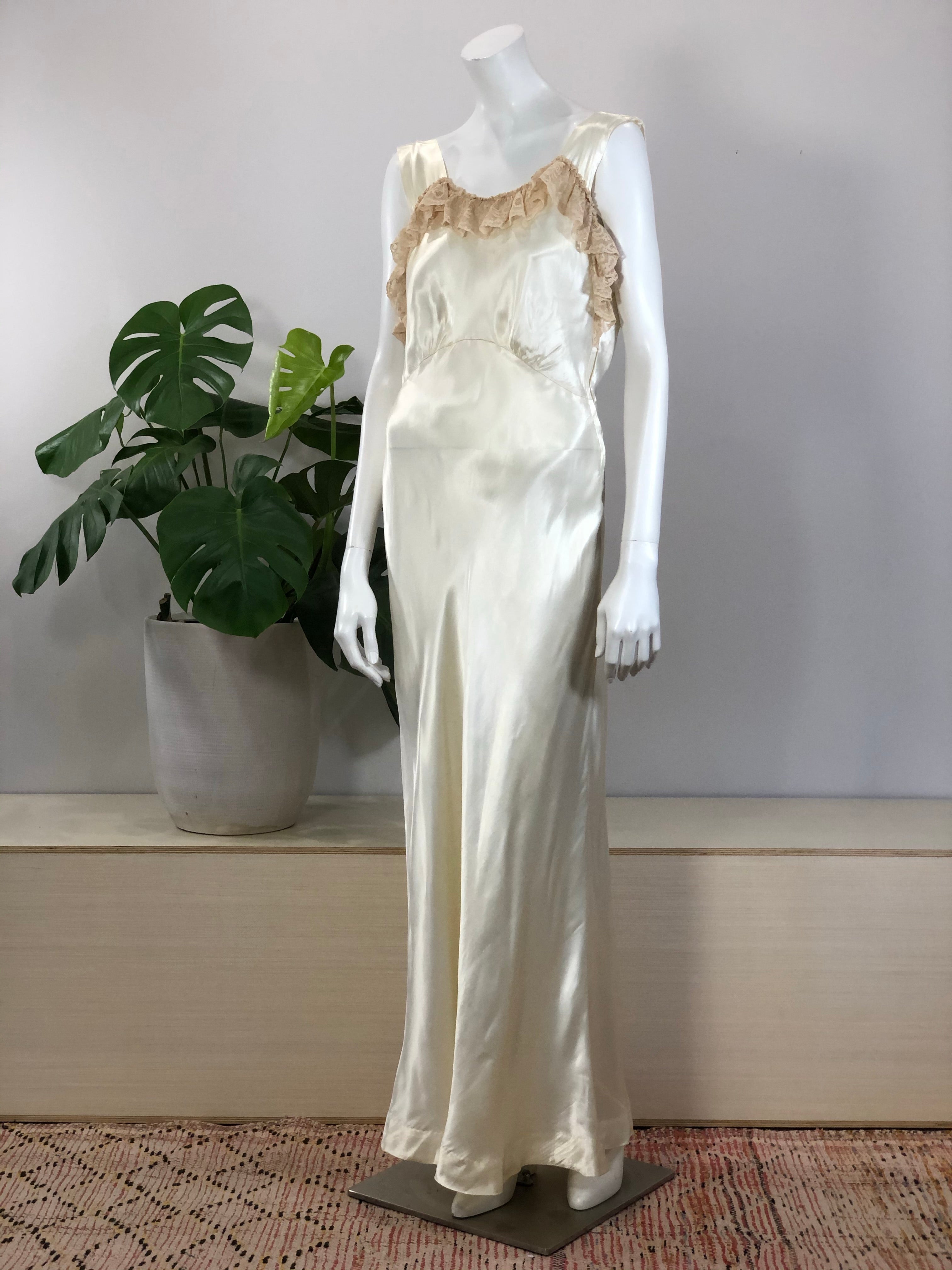 vintage lace ruffle trimmed ivory satin bias cut slip dress 40s – hong kong vintage