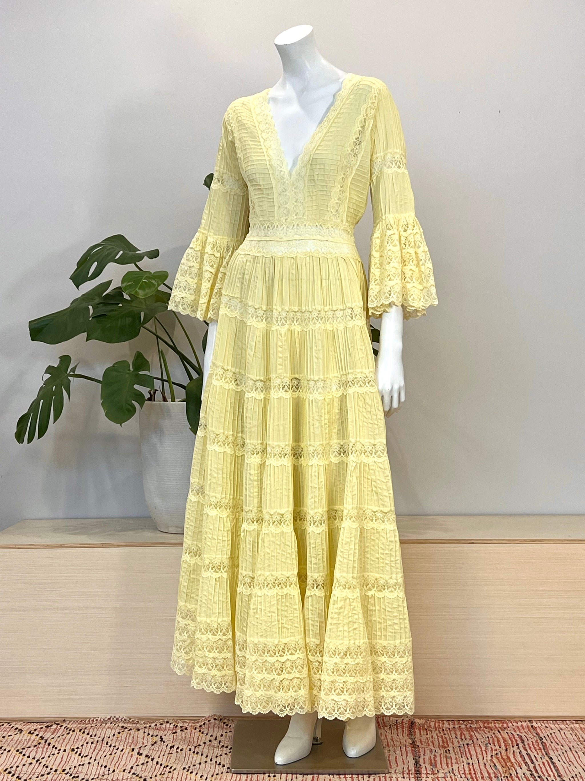 vintage yellow cotton Mexican lace & pin tuck wedding dress 60s – hong kong vintage