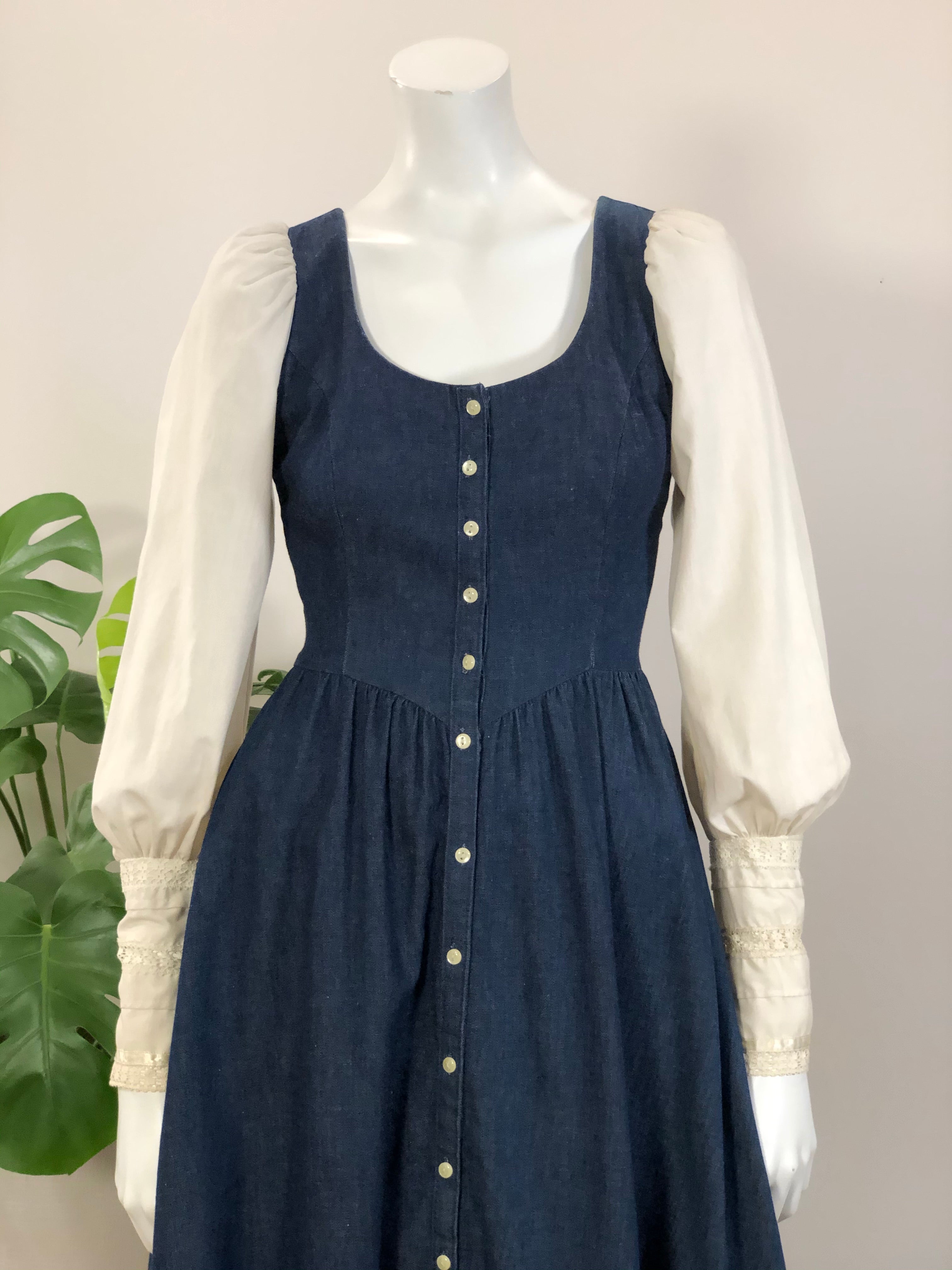 vintage Gunne Sax indigo denim prairie dress w/ ivory gigot sleeves 70 hong kong vintage vintage Gunne Sax indigo denim prairie dress w/ ivory gigot sleeves 70 hong kong vintage