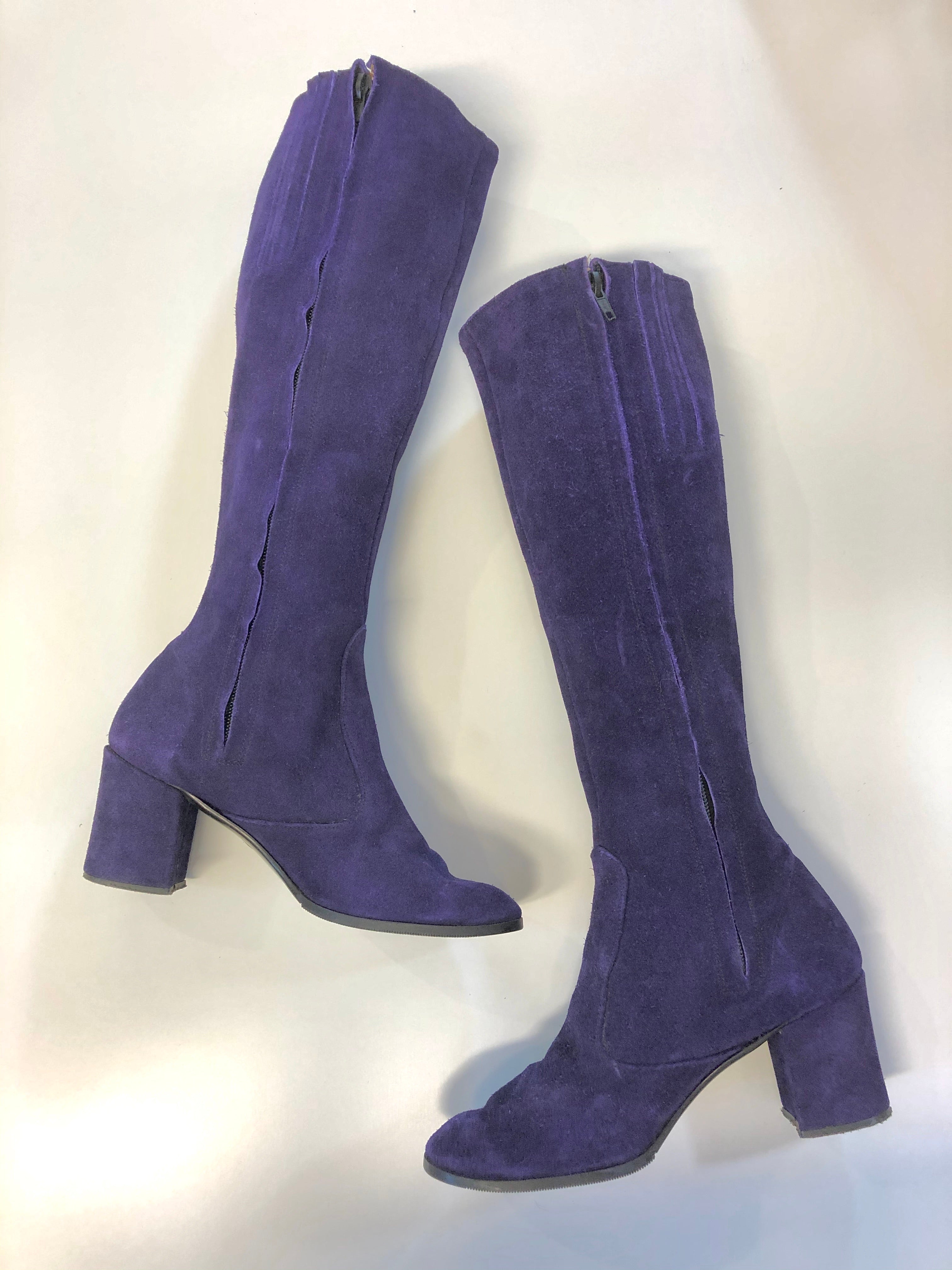 vintage purple suede knee high block heel boots 70s – hong kong vintage
