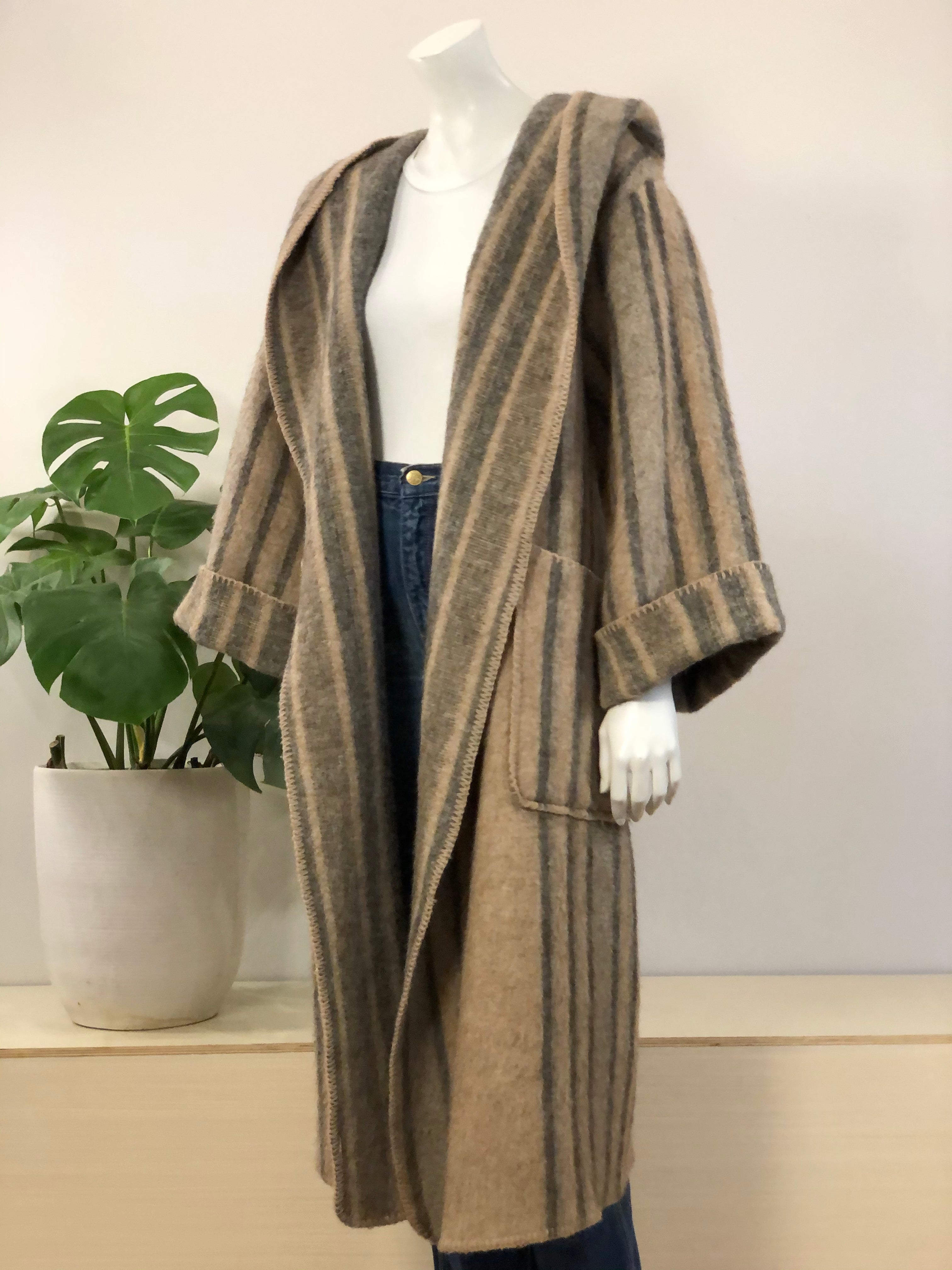 vintage striped alpaca hooded wrap coat w/ pockets 70s – hong kong