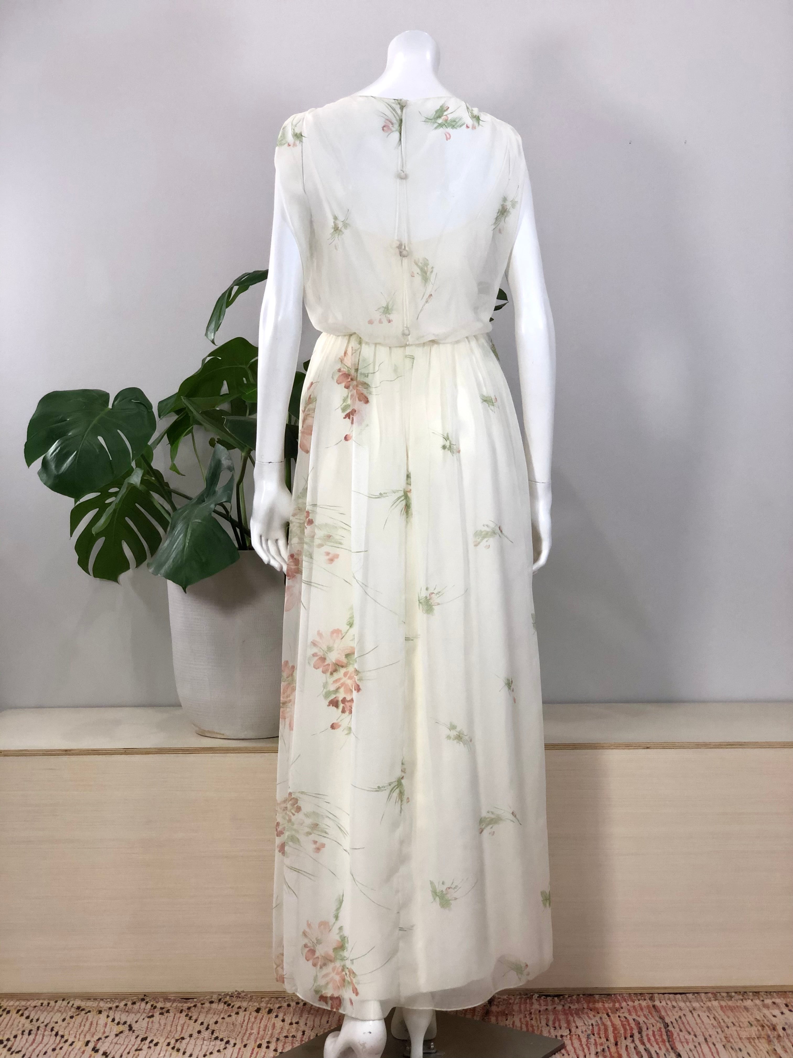 vintage ivory watercolor floral print chiffon overlay maxi dress 70s – hong kong vintage