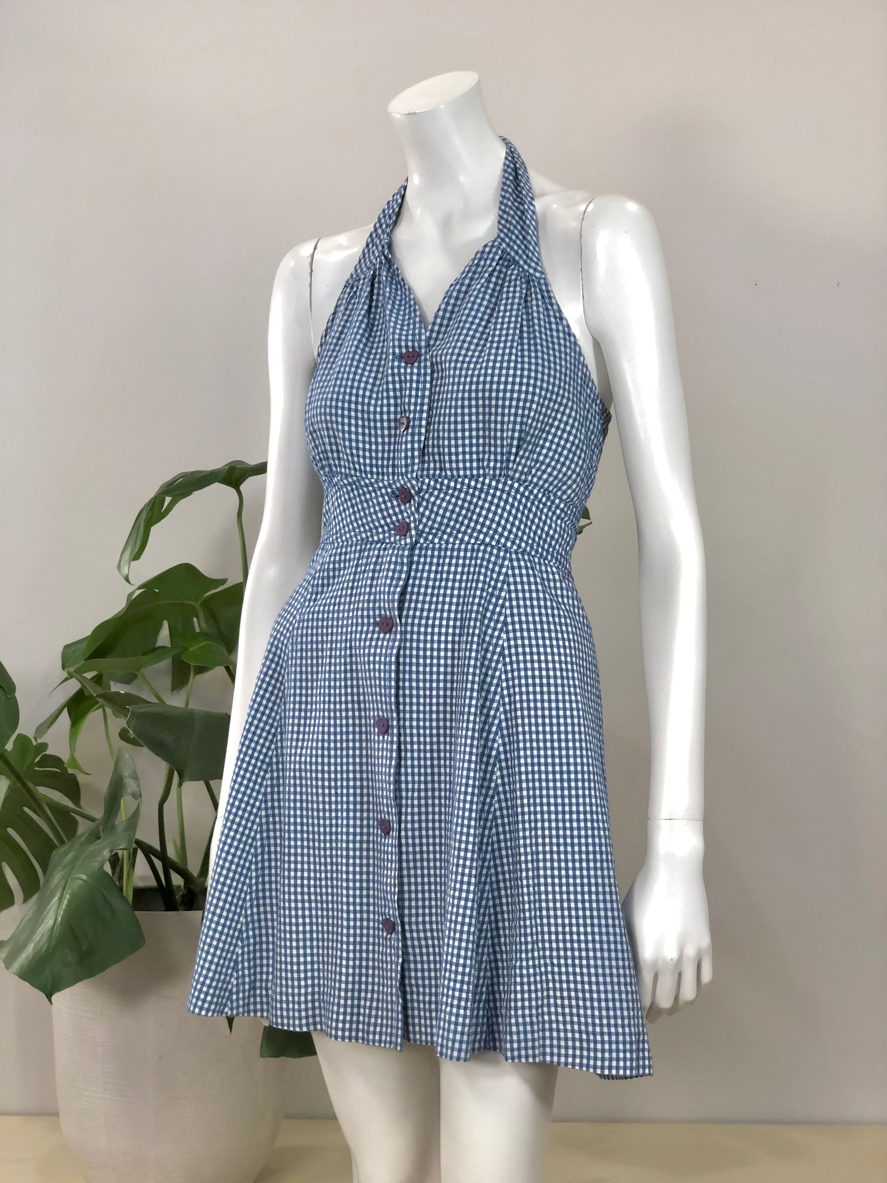 vintage blue & white gingham seersucker halter neck sun dress 70s hong kong vintage vintage blue & white gingham seersucker halter neck sun dress 70s hong kong vintage